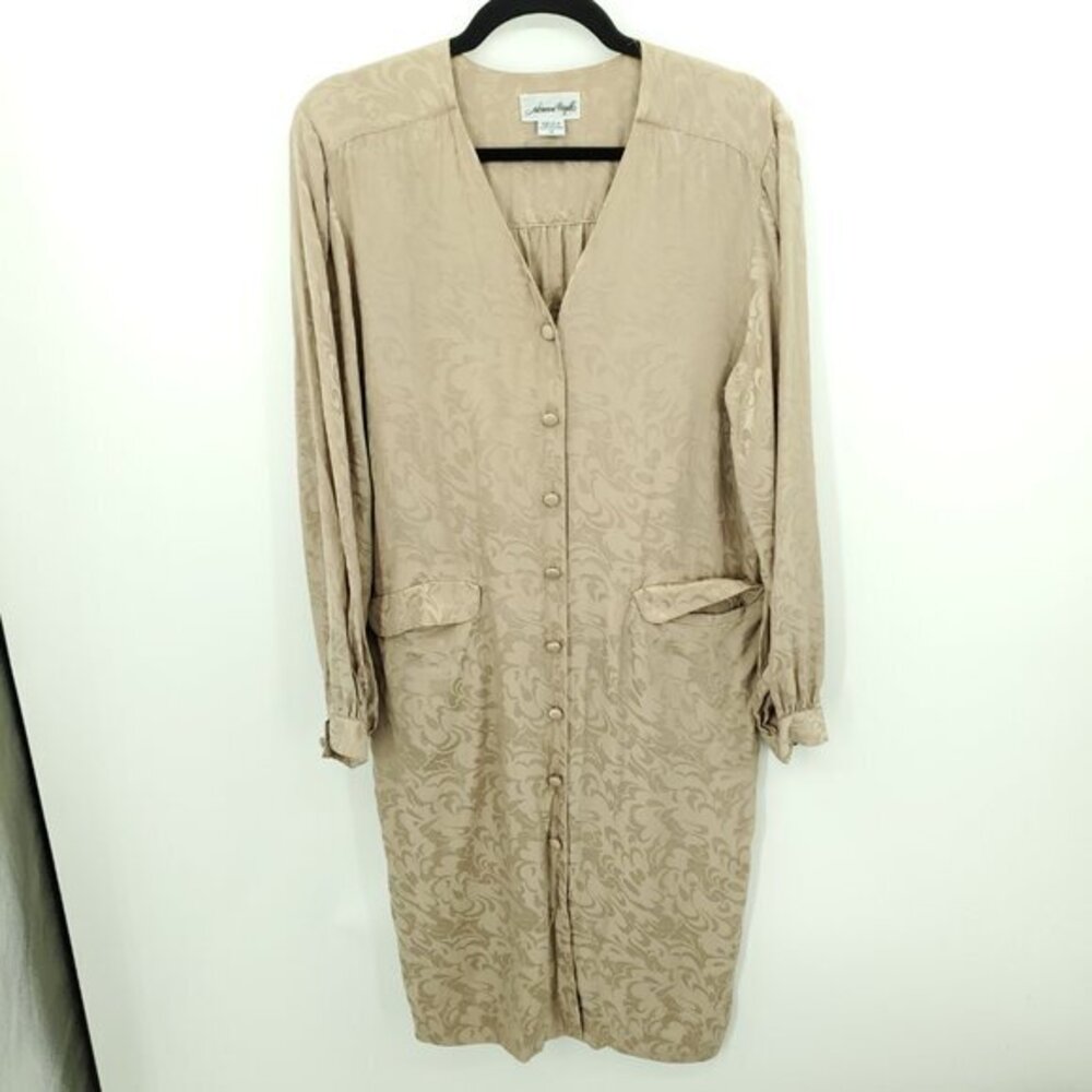 VTG Adrianna Papell Silk Long Sleeve Button Front V-Neck Dress 10 Tan